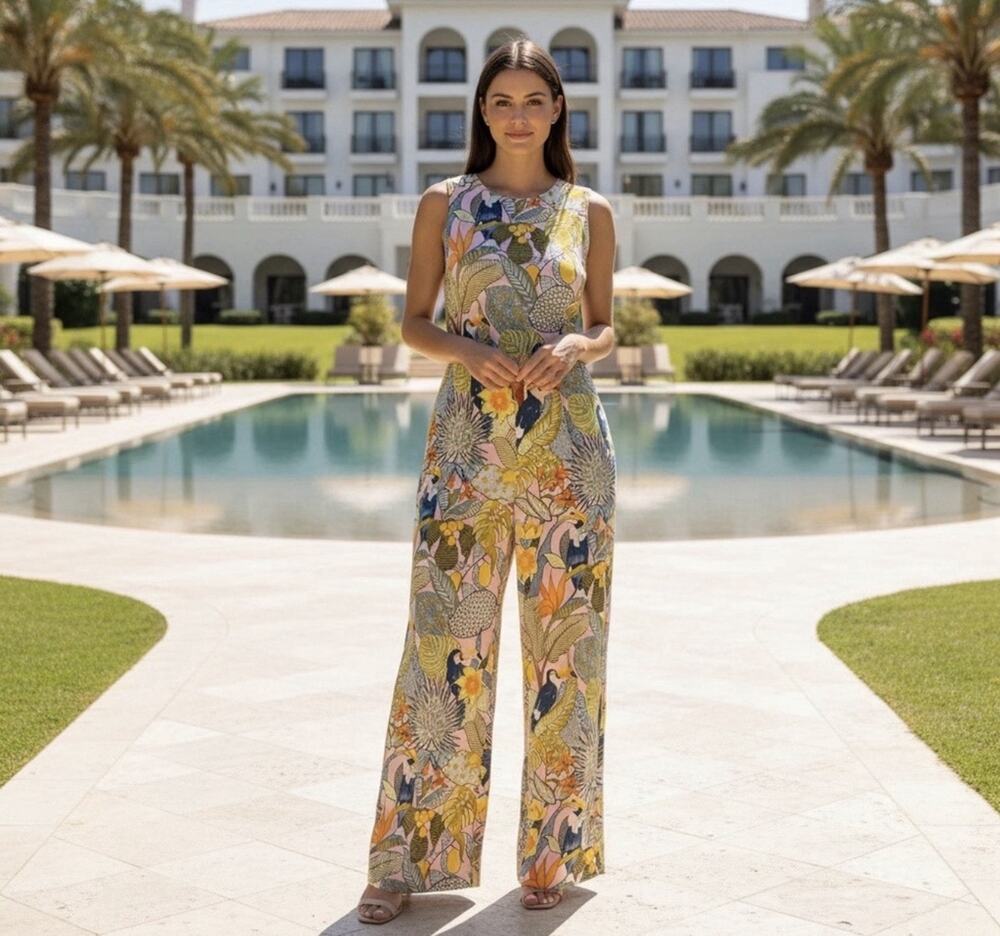 J.McLaughlin Rebekka Jumpsuit Tropical Toucan Floral Wide Leg Belted Sz XS